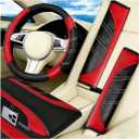 4PCS Car Accessories Set, 14.5-15 Inch Sporty Vehicle Steering Wheel Cover with Anti-Slip Lining, Automotive Interior Center Console Pad Seatbelt Cover, Universal for SUV Sedan Truck (Red)