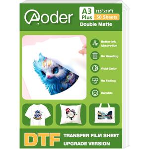 Aoder A3 Plus DTF Transfer Film - 13"x19", A3 Plus 50 Sheets Double Side Matte DTF Film, Clear PreTreat PET Transfer Paper for T-Shirts Textile, Cold Peel