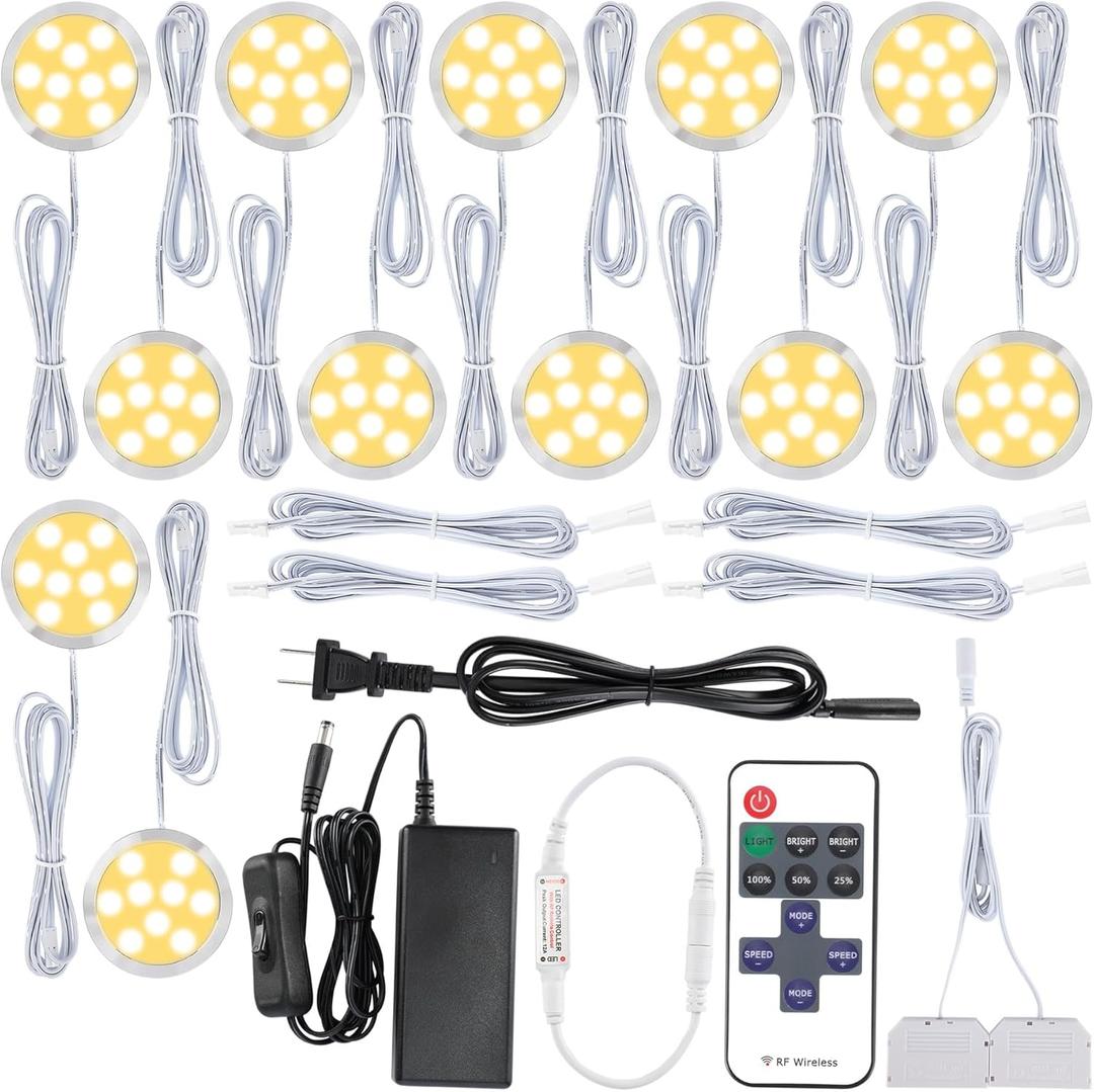 Bookshelf Accent Lighting, Under Cabinet LED Puck Lights, 110V Direct Electric Wired & Wall Plugged in, Wireless Remote Dimmable, 12-Way Octopus Junction Box, 12 Lights, Warm White