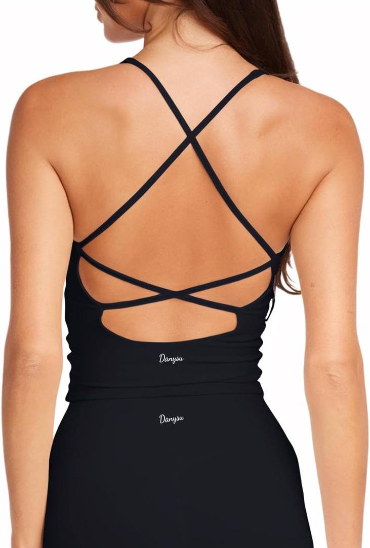 Danysu Sculpt Workout Tank Tops Women Longline Sports Bras Workout Tops for Women Light Support Strappy Padded Yoga Top V Neck Black, Medium