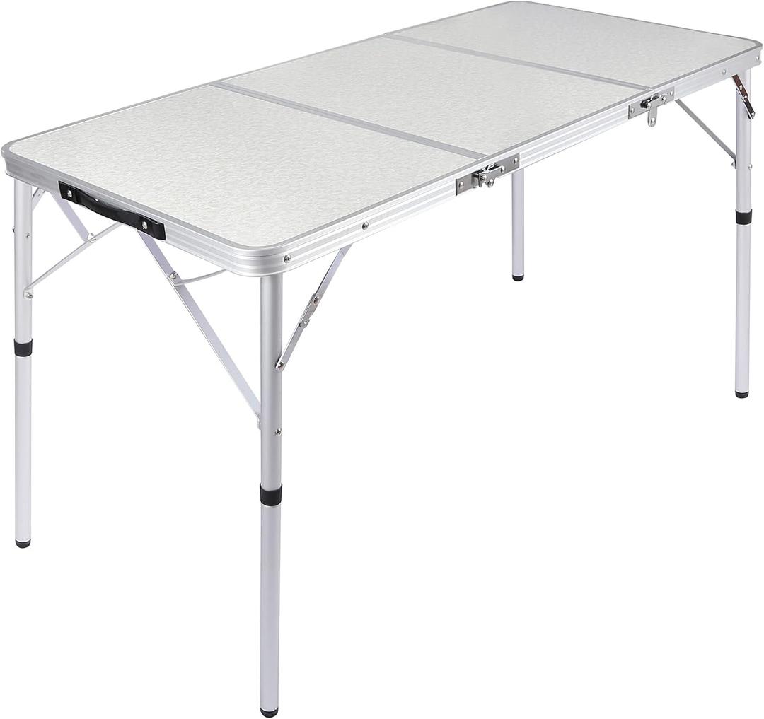 Aluminum Folding Table, Adjustable Height Portable Camping Table (White 4ft)