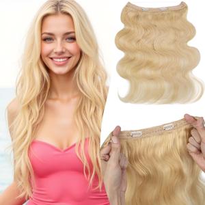 TESSHAIR Halo Hair Extensions Wavy Curly, 100% Real Human Hair, No Tangle & Smooth, Invisible Wire Extensions for Women, 70g, 20 Inch#Wavy Light Blonde