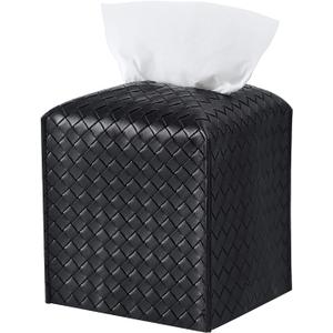Tissue Box Cover PU Leather Tissue Holder Square Facial Tissue Case Facial Paper Organizer Dispenser for Bathroom, Vanity Countertop, Tabletop, Car, Square, Black