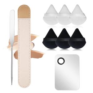 Makeup Spatula,Korean Spatula Makeup Stainless Steel Makeup Spatula and Palette Set,Professional Foundation Spatula Facial Cosmetic Makeup Tool (6 Powder Puff +1Spatula+1 Rectangle Palette)