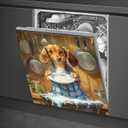 HOMETITUTE Dishwasher Magnet Cover 23x26 in Oil Painting Style Dachshund Washing Dishes in Rustic Kitchen Magnetic Dishwasher Cover for Kitchen Appliance Decoration Front Art Skin Panel Home Decor