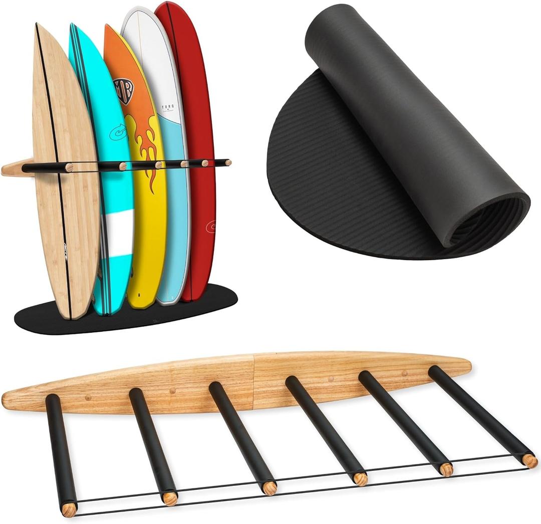 Hang 11 Vertical Surfboard Rack - Surf Racks for Wall, Sustainable Hardwood Surf Board Holder with Rubber Mat, Surfboard Wall Mount, Paddle Board & SUP Garage Storage (6 arms / 5-6 boards)