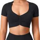 TAYOEA Crop Tops Workout for Women Yoga Short Sleeve Shirts Seamless V-Neck Gym T Shirts with Built in Pads (Large, Black)