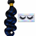 Anmetan Blue and Black Human Hair Bundles Body Wave, 13A Soft Thick Brazilian 100% Human Hair 3 Bundles, #F1B/BL Colored Midnight Blue Peekaboo Highlight Hair Sew In Wavy for Women 12 14 16 Inch, And 2 Pcs Eye Lashes