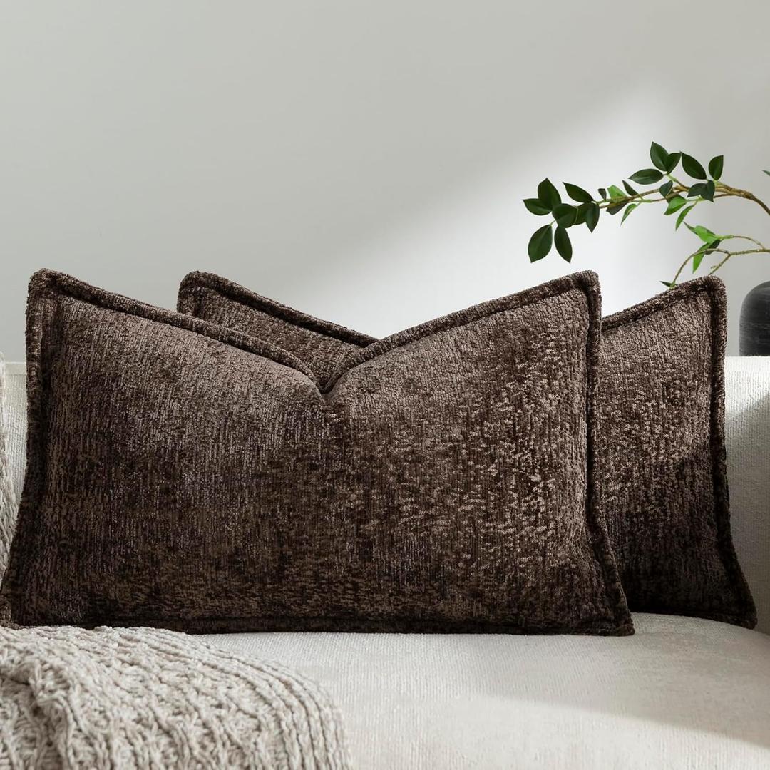 Pack of 2 Chocolate Brown Decorative Throw Pillow Covers 12x20 Cozy Soft Chenille Accent Vintage Rectangular Lumbar Couch Pillow Covers for Home Decor Bed Sofa Living Room