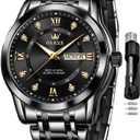 OLEVS Watch for Men Classic Business Dress Analog Quartz Stainless Steel Waterproof Luminous Date Diamond Men Silver Watch (all black watch 13)
