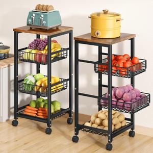 SNTD Fruit Basket Vegetable Stand for Kitchen Pantry, Pull Out Metal Wire Basket with Wood Top for Fruit Vegetable Onions Potatoes Snacks (11.8"D x 15.7"W x 33.7"H)