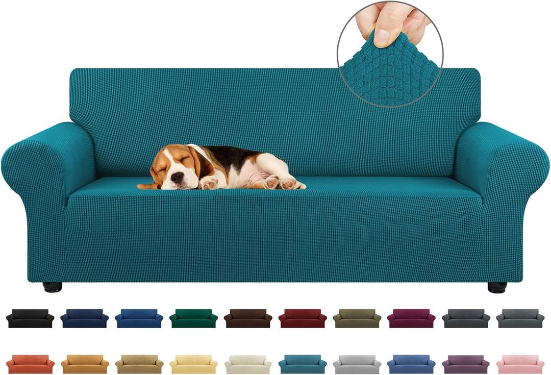 KEKUOU Stretch Sofa Cover Slipcover Couch Covers for 3 Cushion Couch Sofa pet Friendly (78"-94") Furniture Protector Sofa with Elastic Bottom for Kids,Dog, Jacquard Small Checked(Large,Peacock Blue)