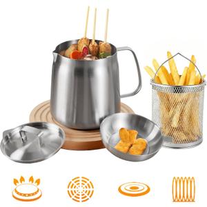 PUCOHOUSE 304 Stainless Steel Deep Fryer Pot with Basket & Strainer,Frying, Cooking, Camping,Oil Filter Container,2L2Qt)
