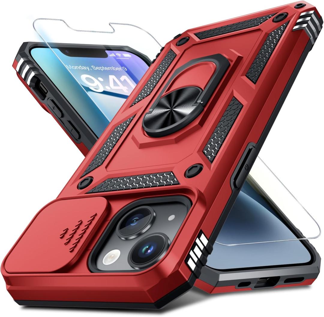 Janmitta Case for iPhone 16 Plus Phone Cover Built in Slide Camera Lens Cover+Screen Protector,Heavy Duty Shockproof Full Body PhoneCase with Finger Ring Holder Kickstand,Red