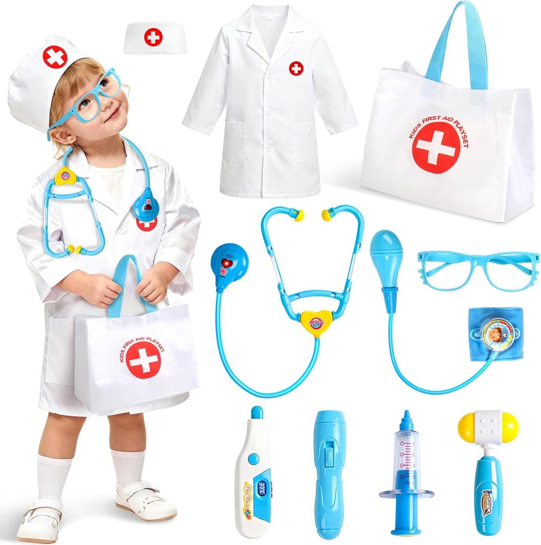 Fajiabao Doctor Kit for Toddlers 3-5 Preschool Dress Up Toddler Toys 2-3 Kids Doctors Play Set with Costume, Toy Stethoscope & Medical Bag for Pretend Play Gift for 2 3 4 Year Old Girls (Blue)