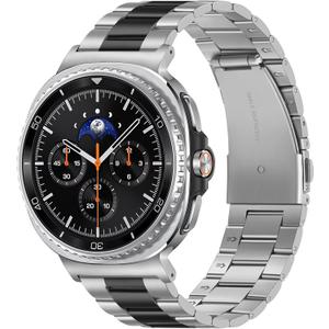 Metal Bands Compatible with Samsung Galaxy Watch 8 Band 44mm 40mm/Galaxy Watch 8 Classic 46mm, No Gap Stainless Steel Strap for Women and Men, Silver-Black