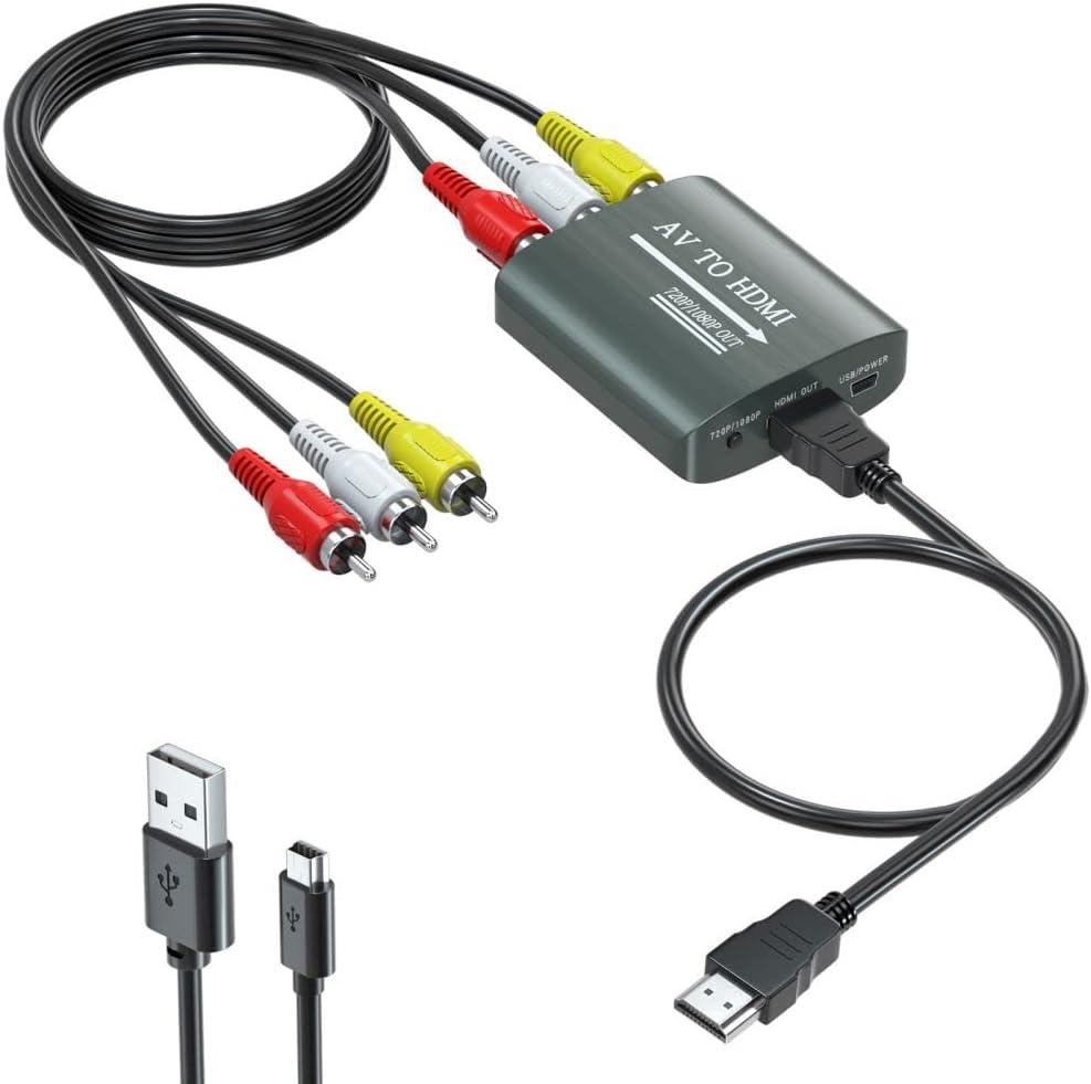 RCA to HDMI Converter,AV to HDMI for Xbox,PS One,PS2,PS3,N64,Wii,VCR,VHS,STB,Blue-Ray DVD Players,TV, Support 720p,1080p,  Video Converter with Male RCA and HDMI Cables