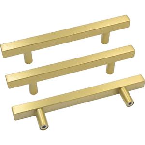 Goldenwarm 10Pack 4in Drawer Pulls Brushed Brass Cabinet Pulls Gold Kitchen Handles Square Gold Drawer Handles for Cabinets Dresser Bar Hardware Modern Brass Hardware (4in hole centers)