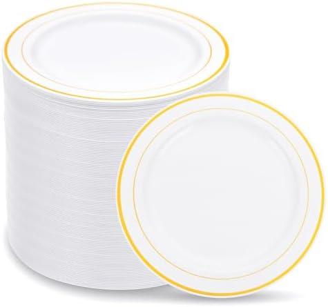 WELLIFE 144Pcs Gold Dessert Plates, 7.5 Inch Plastic Appetizer plates, Heavy Duty plastic Party Plates, White and Gold Plastic plate for Party and Wedding