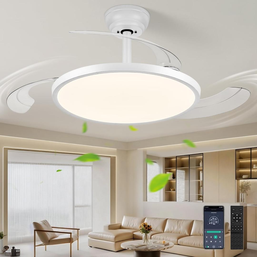 42" Retractable Ceiling Fan with Lights, Slim Fandelier Ceiling Fans with Lights and Remote, Dimmable 6 Speed Silent Modern Ceiling Fan with Light for Bedroom Living Room Kitchen-White