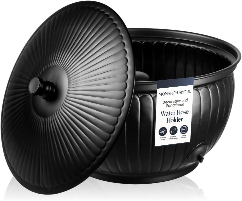 Monarch Abode Garden Hose Holder with Lid Decorative Water Hose Holders for Outside, Arch Embossed Metal Matte Black Pot with Drainage, 100ft Waterhose Holder for Outside, Garden Storage Caddy