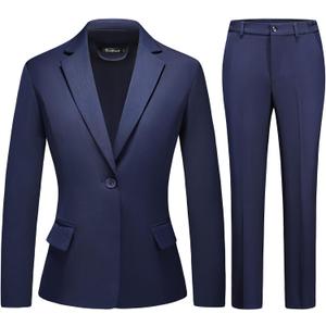 Women's Business Solid Suit 2 Piece Slim Fit Classic Blazer Pants Set for Women Formal Office (Large, Navy)