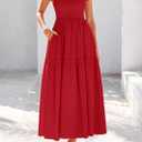 KIRUNDO Smocked Summer Dresses for Women 2025 Wedding Guest Midi Flowy Ruffle Short Sleeve Square Neck Tiered Sundress (Red, L)