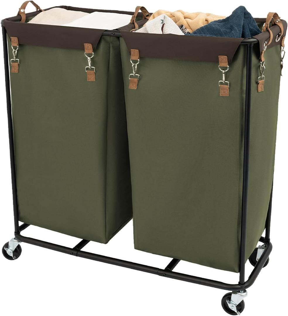 StorageWorks 390L Extra Large Lanudry Hamper with Wheels, 2 Sections Laundry Basket with Wheels, Clothes Sorter Cart with Divider for Hotel, Home, Green, 37.75"L x 17"W x 37.5"H
