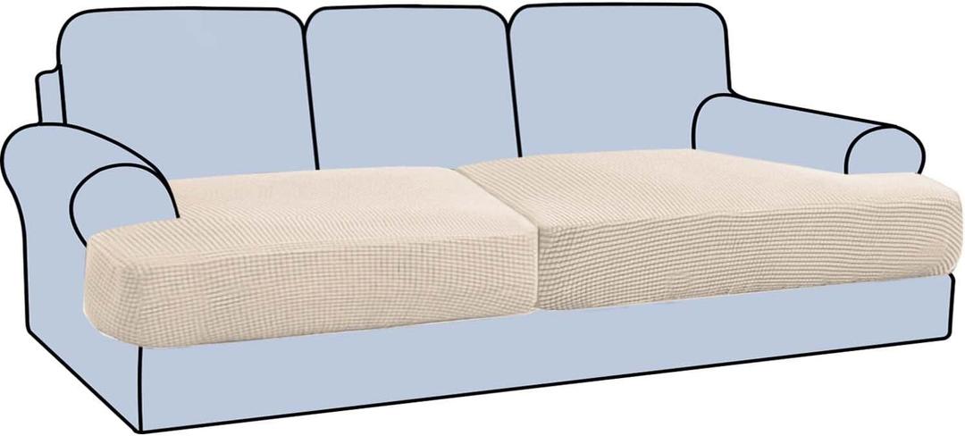 H.VERSAILTEX Stretch 2 Piece T Cushion Sofa Slipcovers Individually Sofa Cushion Covers for 2 Cushion Couch Sofa Seat Cushion Covers with Elastic Bands Featuring Thicker Jacquard Fabric, Natural (2 Cushion Sofa)