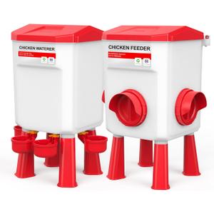 Chicken Feeder and Waterer Set, Chicken Coop Accessories with Hanging Chicken Feeder and Hanging Chicken Waterer Kit, 3 Gallon/26 Pounds, Red (12kg / 11L)