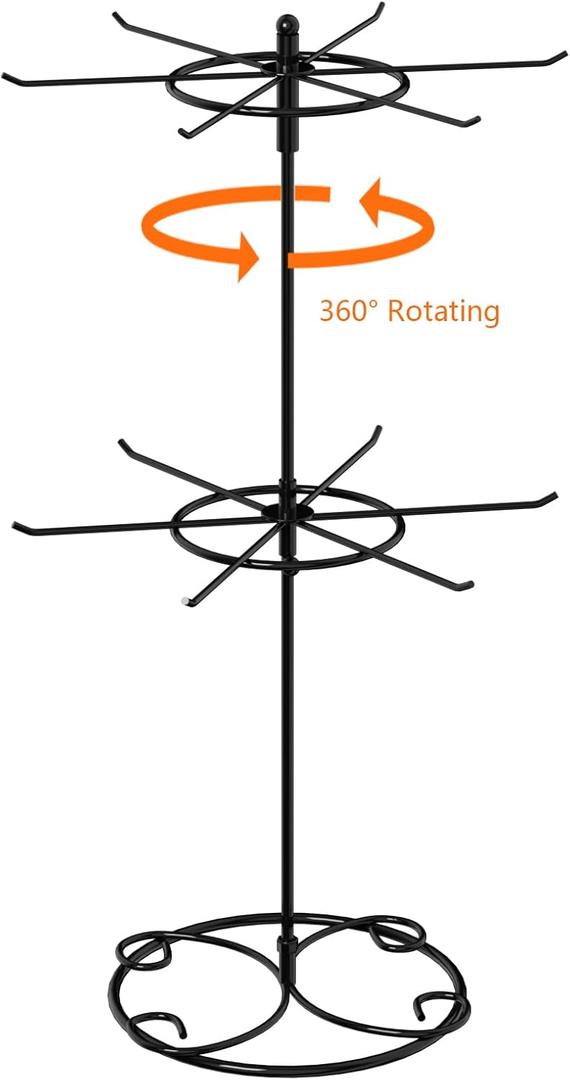 JHJFRAWY Jewelry Stand Organizer, 2-Tier Rotating Necklace Organizer, Spinning Jewelry Keychain Display Tree with 12 Hooks, Easy Assembly for Bedroom and Retail (8.7N, Black)