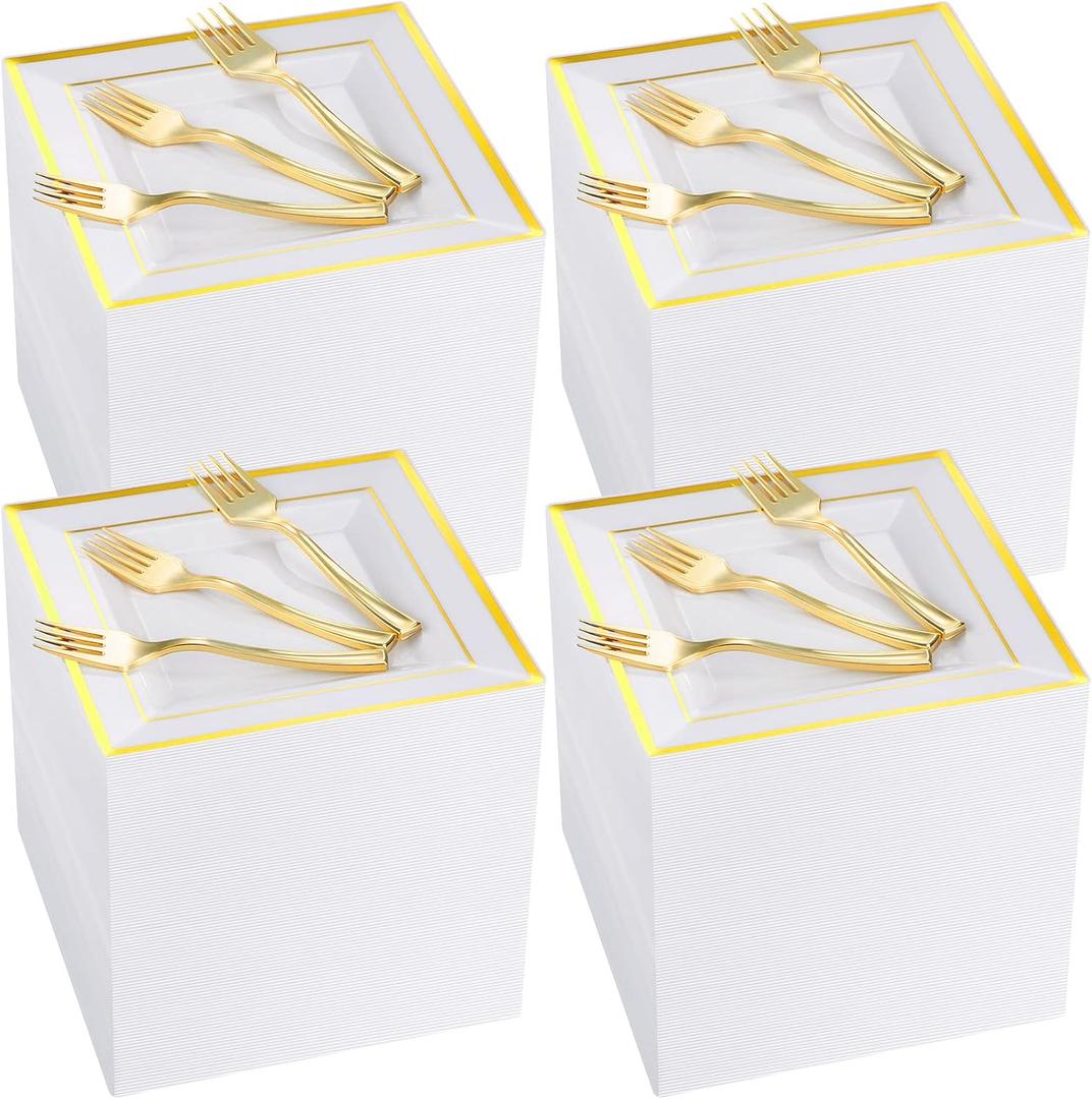 300 Pcs Square Plastic Plates with Forks Set Include 150 Disposable 6.5 Inch Dessert Plates Heavy Duty and 150 Plastic Appetizer Forks for 150 Guests Weddings Party Supplies(Gold)