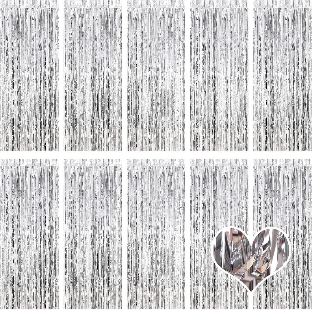 10 Pack Silver Backdrop Curtain 3.2ft x 8.2ft Metallic Tinsel Foil Fringe Curtains Photo Booth Background for Birthday Party Decoration Baby Shower Engagement Wedding Christmas Decoration (Silver)