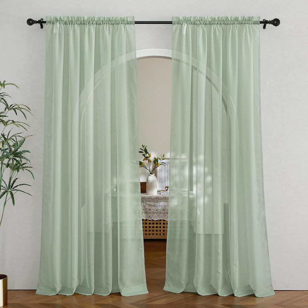 NICETOWN Sage Green Sheer Curtains for Living Room, Rod Pocket Soft & Airy Voile Sheer Panels Window Treatments with Light Filtering for Home Office, 60" W x 84" L, Set of 4