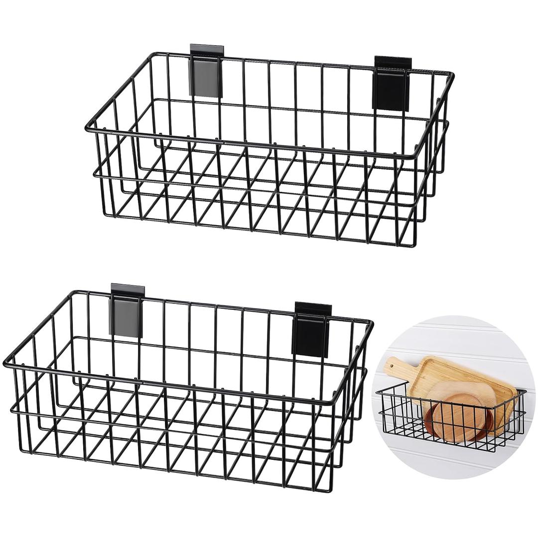 2 Pcs Slatwall Wire Baskets 13.5 x 7.5 x 4.5 Inch Metal Mounted Wall Organizer Basket Ventilated Hanging Slatwall Accessories for Storage Display Organizing Kitchen (Black)