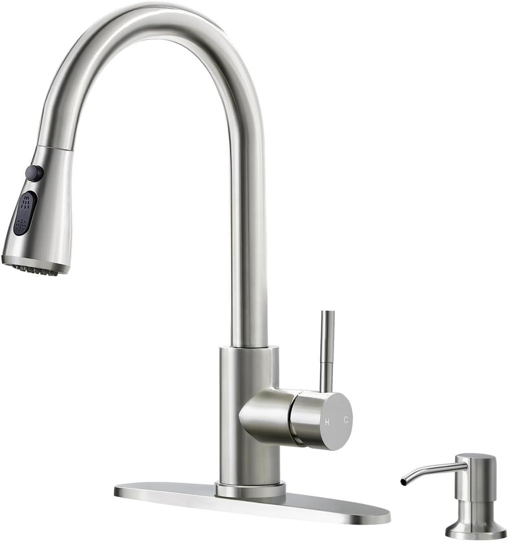 Kitchen Faucets with Soap Dispenser, Brushed Nickel Kitchen Faucet with Pull Down Sprayer 3 Modes, High Arc Stainless Steel Single Handle Kitchen Sink Faucet 1 or 3 Hole for Laundry Rv Bar