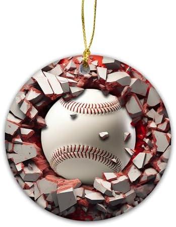 3D Sports Balls Christmas Tree Xmas Indoor Decor, Sport Gift Exchange Holiday, Baseball Break Through Ceramic Ornament