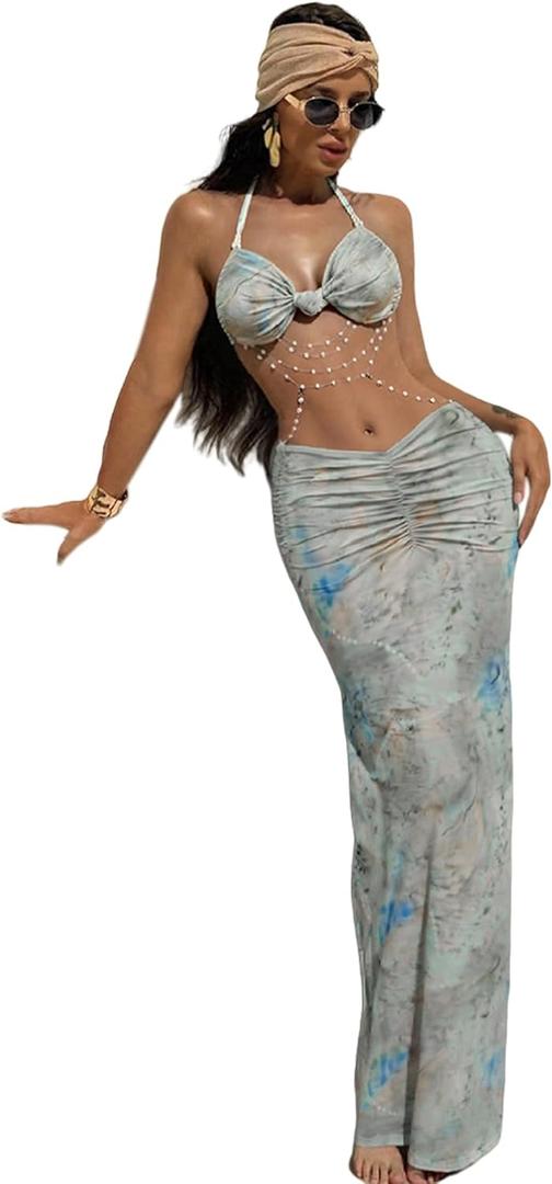 Women's Sexy Pearl Chain Halter Maxi Dress Printed Backless Hollow Out Pleated Bodycon Dresses for Party Vacation (Medium, Green)