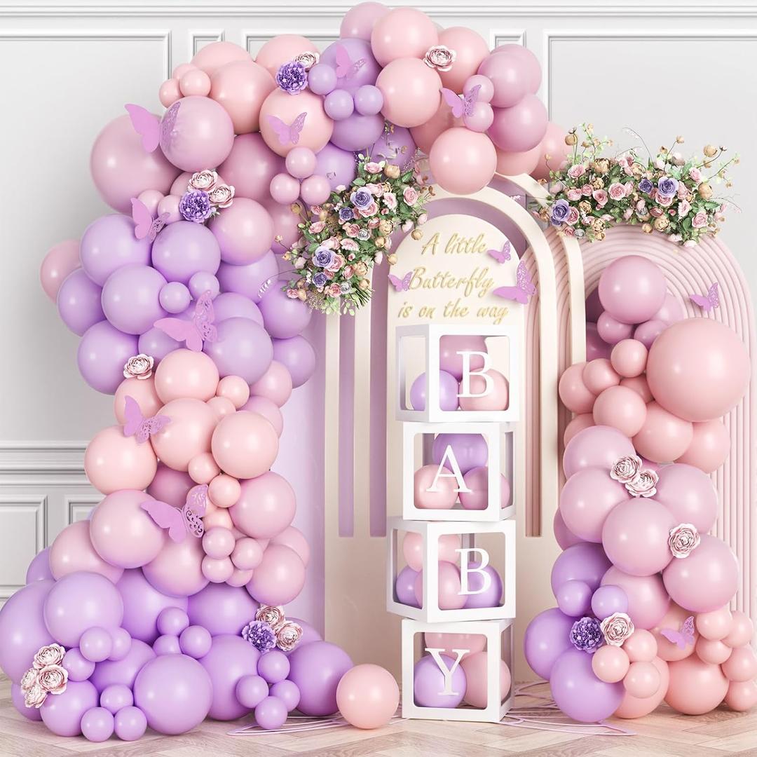 SNLN Butterfly Baby Shower Decorations for Girl Pink Purple Balloon Arch Kit Baby Boxes with Letter A Little Butterfly is on Her Way Baby Shower Decoration for Girl Birthday Birthday Party Supplies