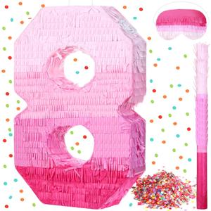 Sratte Number Piata Pink Piata Birthday Decorations Gradient with Stick Blindfold Confetti for Girls Boys Birthday Anniversary Party Decorations Supplies(Number 8)