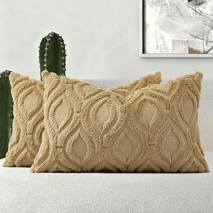 decorUhome Set of 2 Faux Fur Cushion Covers 30x50 cm, Decorative Soft Plush Fluffy Velvet Cushion Cover 12X20 Inch, Rectangle Boho Neutral Pillow Case for Sofa, Taupe