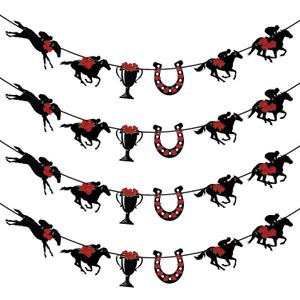 Marsui 4 Pcs Derby Decorations Horse Racing Hanging Banners No DIY Black Horse Red Rose Horseshoe Cardstock Garland Streamers Decorations for Horsing Racing Equestrian Birthday Party Supplies