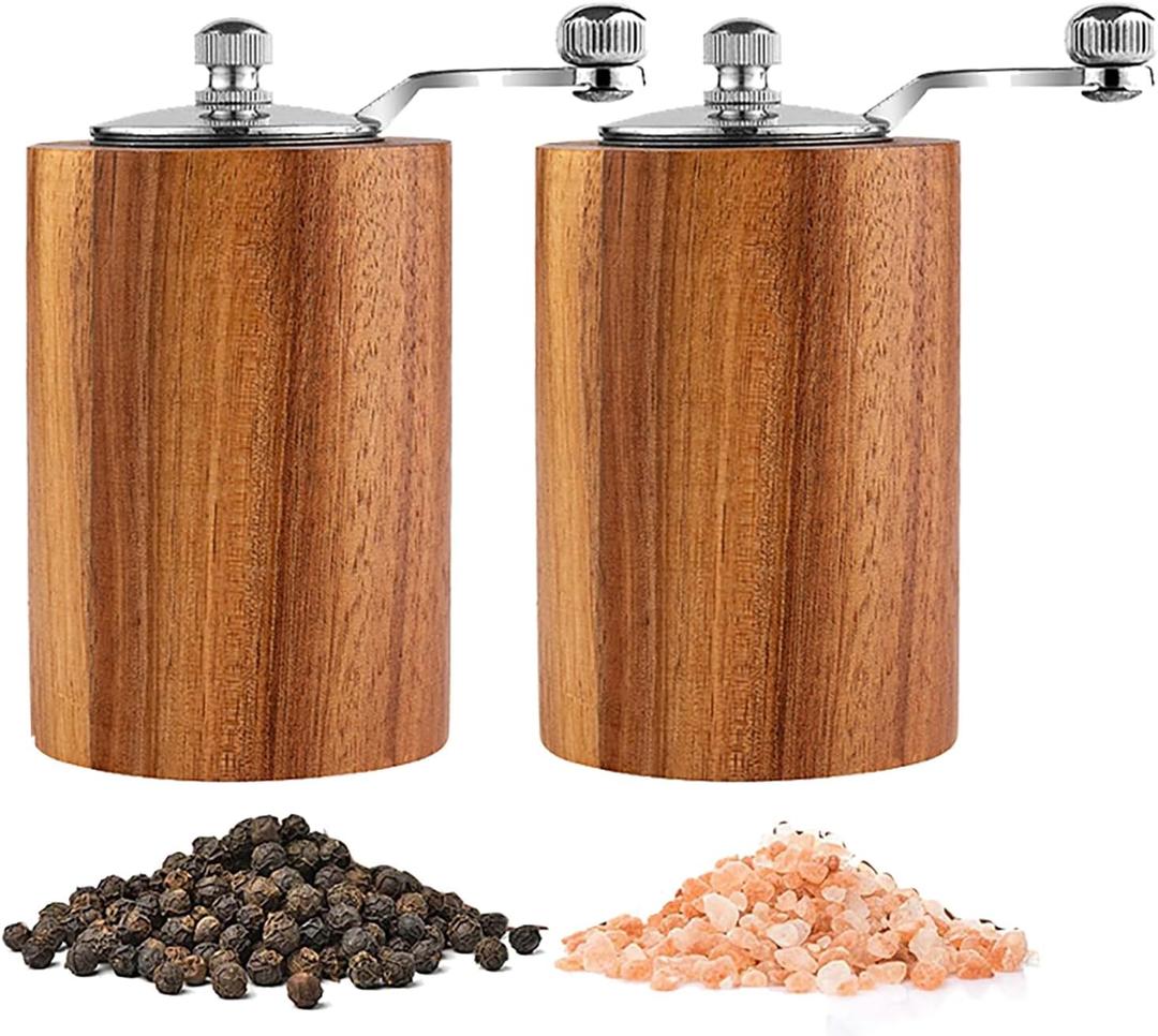 Acacia Wood Salt and Pepper Grinder Mills Sets, Wooden Shakers with Adjustable Ceramic Core, Classic Manual Salt Grinder Refillable Pepper Mill Set with a Gear Crank System for kitchen Spice