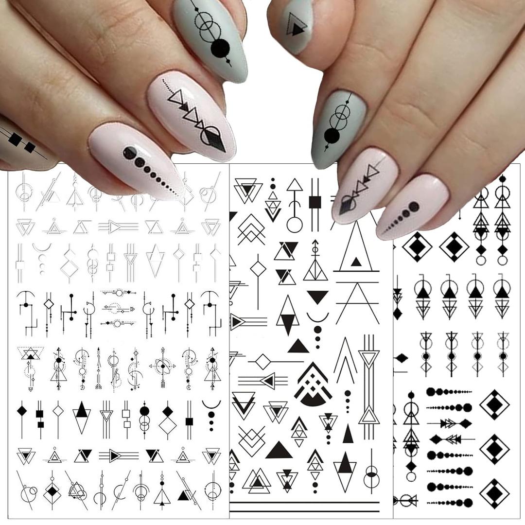 10 Sheets Black White Geometric Nail Art Stickers Decals 3D Self-Adhesive DIY Geometry Triangular Rhombus Minimalist Design Acrylic Nails Supplies Manicure Decorations Tip for Women Men