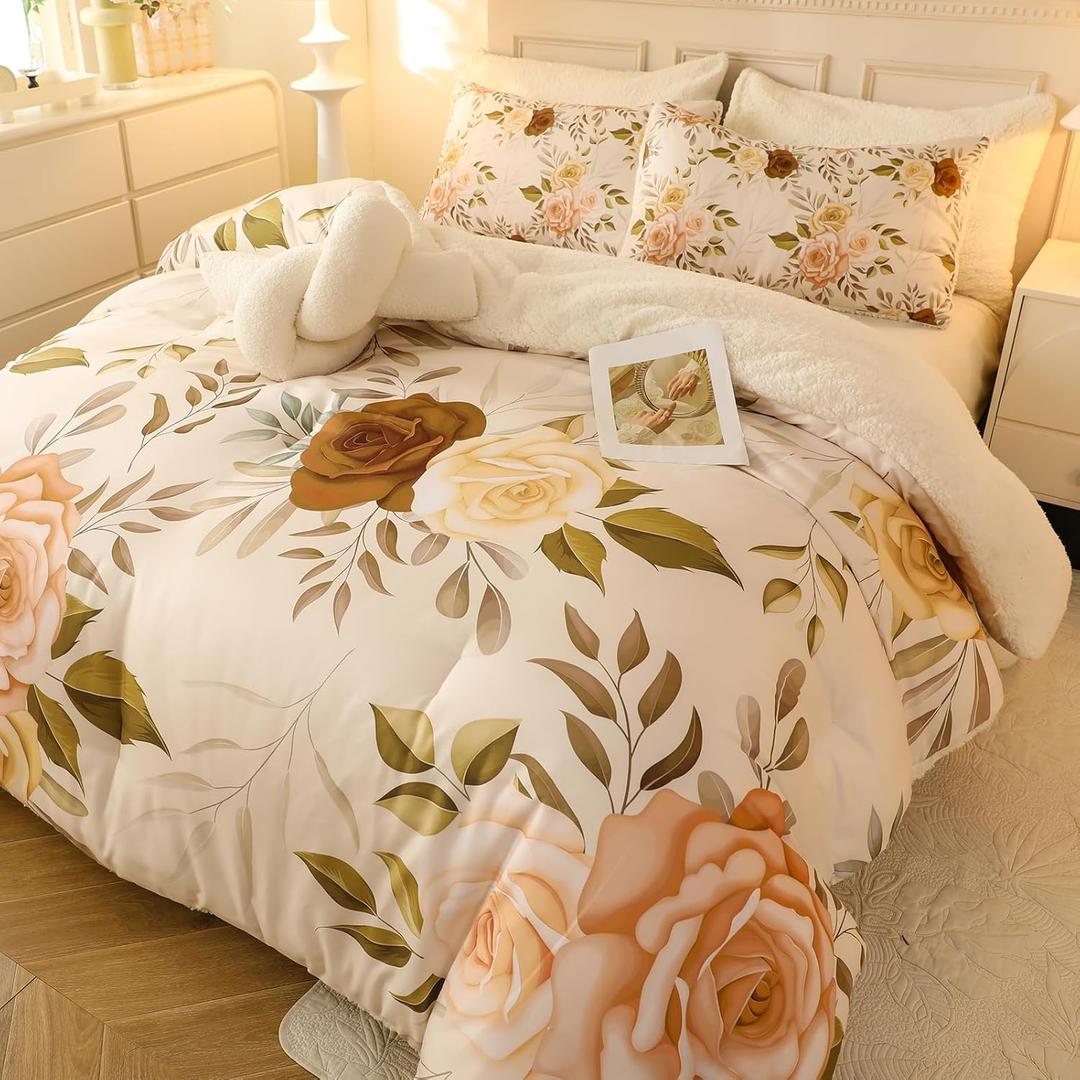 Floral Print Sherpa Comforter Set - Full Size 3 Pieces Elegant Flowers Botanical Bedding Set Warm Cozy Beige 1 Quilt with 2 Pillowcases, 80x90 in