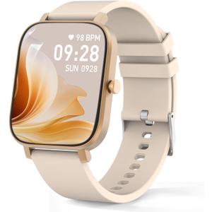 Smart Watch for Men Women Compatible with iPhone Samsung Android Phone 1.69 inch Full Touch Screen IP68 Waterproof Bluetooh Fitness Tracker Heart Rate/Sleep Monitor, Gold