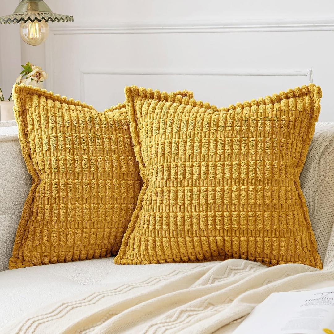 MIULEE Mustard Yellow Corduroy Decorative Throw Pillow Covers Pack of 2 Soft Striped Pillows Pillowcases with Broad Edge Spring Winter Modern Boho Home Decor for Couch Sofa Bed 18x18 Inch