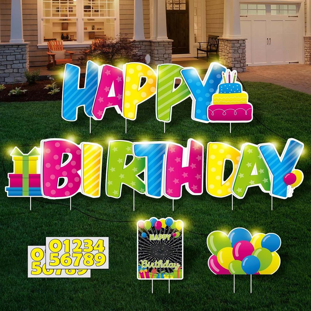 Happy Birthday Yard Signs with Stakes - 2 x LED Lights and Personalized Signs with 20 Number Stickers - 16" Large Birthday Yard Signs Colourful Outdoor Lawn Decorations,REUSABLE,WEATHERPROOF