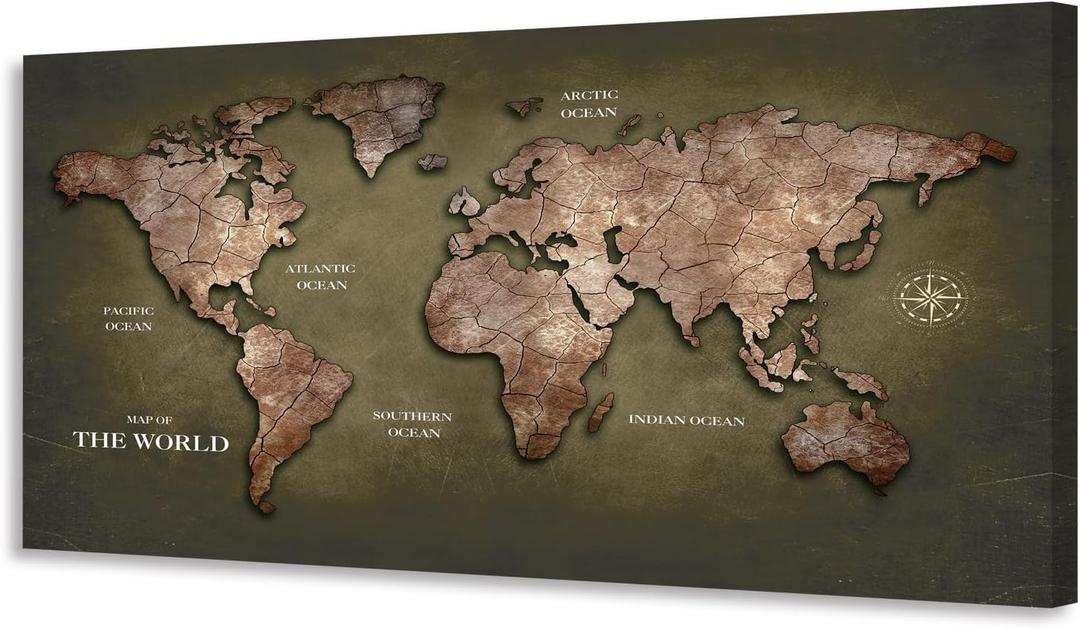 Canvas Wall Art lagre Brown map of the World Painting Ready to Hang Framed Vintage World Map Artwork Prints for Living Room, Office Decor, Large Map Wall Decor 24"x48"