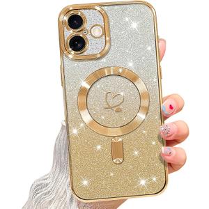 NITITOP Compatible with iPhone 16 Plus Case Cute Clear Glitter [Compatible for MagSafe] Plating Heart Sparkle Bling Magnetic Girl Women Electroplated Frame Camera Protection Back Cover - Gold